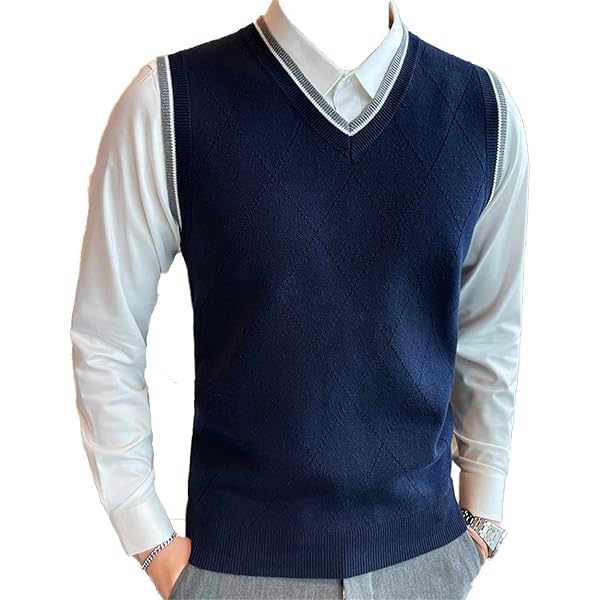 Mens Sleeveless V-Neck Sweater Vest Printed Knitted Jacquard