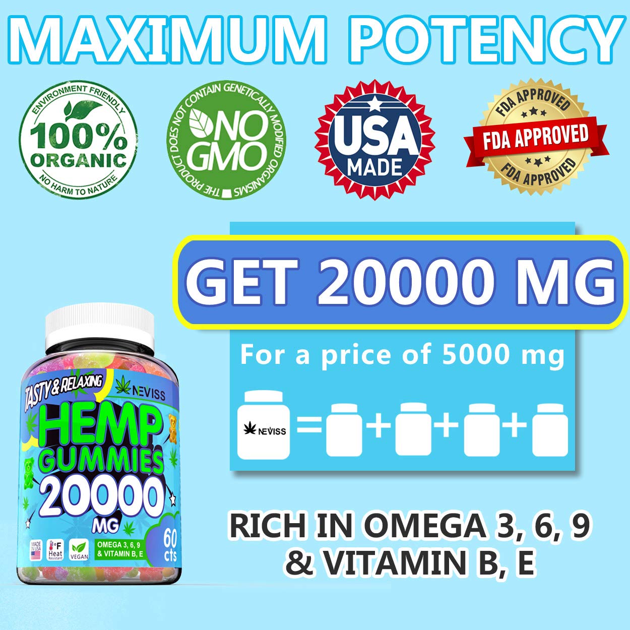 Premium Hémp Gummies 20000 MG - Hémp Gummy Bears Made in USA - Natural Organic Pure Hémp Extract Gummies for Pain, Anxiety & Stress Relief, Sleep, Calm & Immune Support - Rich Vitamins & Omega 3, 6, 9