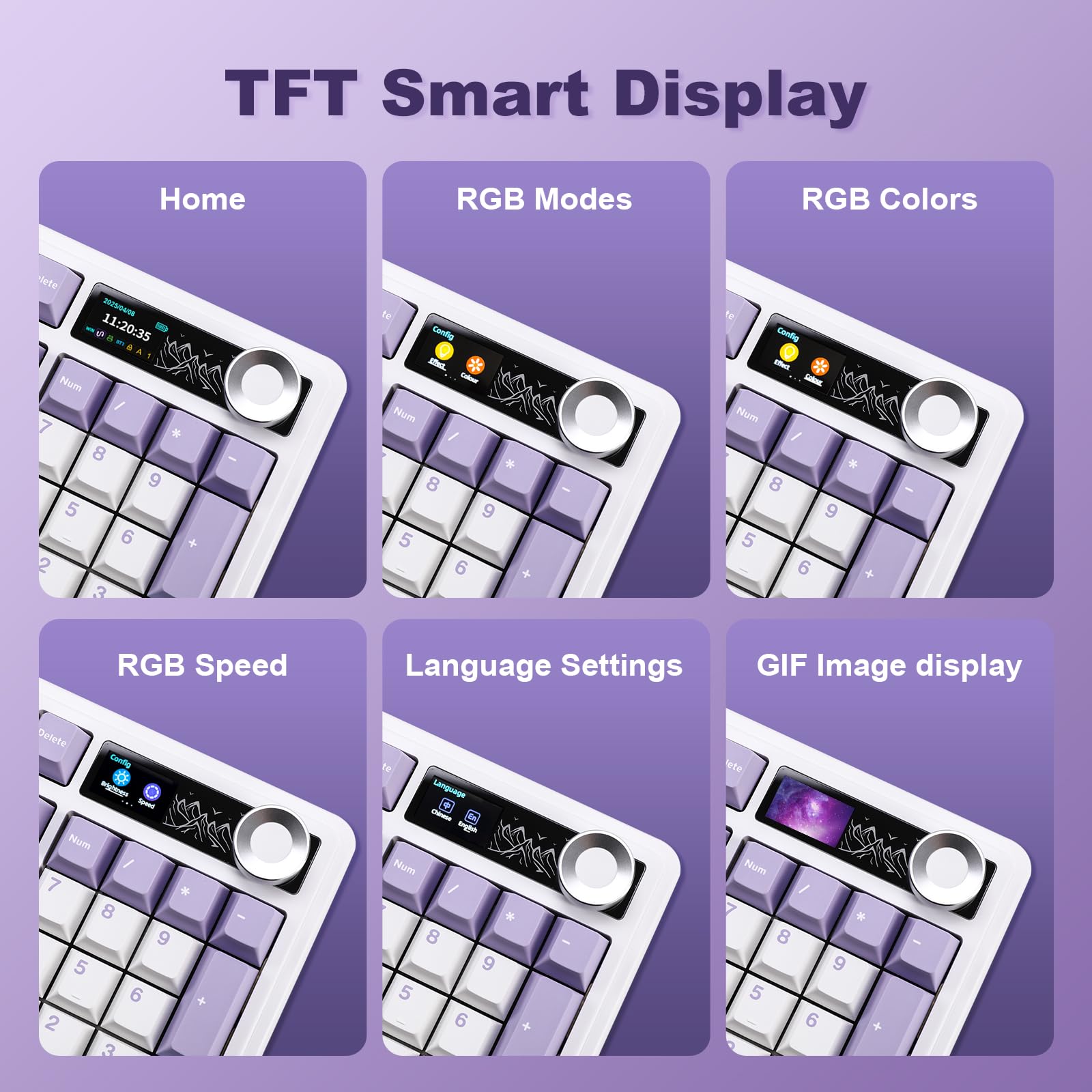 MIKIBY AJAZZ AK980 Mechanical Keyboard with Smart Display & Knob,98% Wireless Keyboard Tri-Mode BT/2.4G/USB-C, Hot Swappable, PBT Keycaps, with RGB Light for Win & Mac(Purple,Murad Switch)