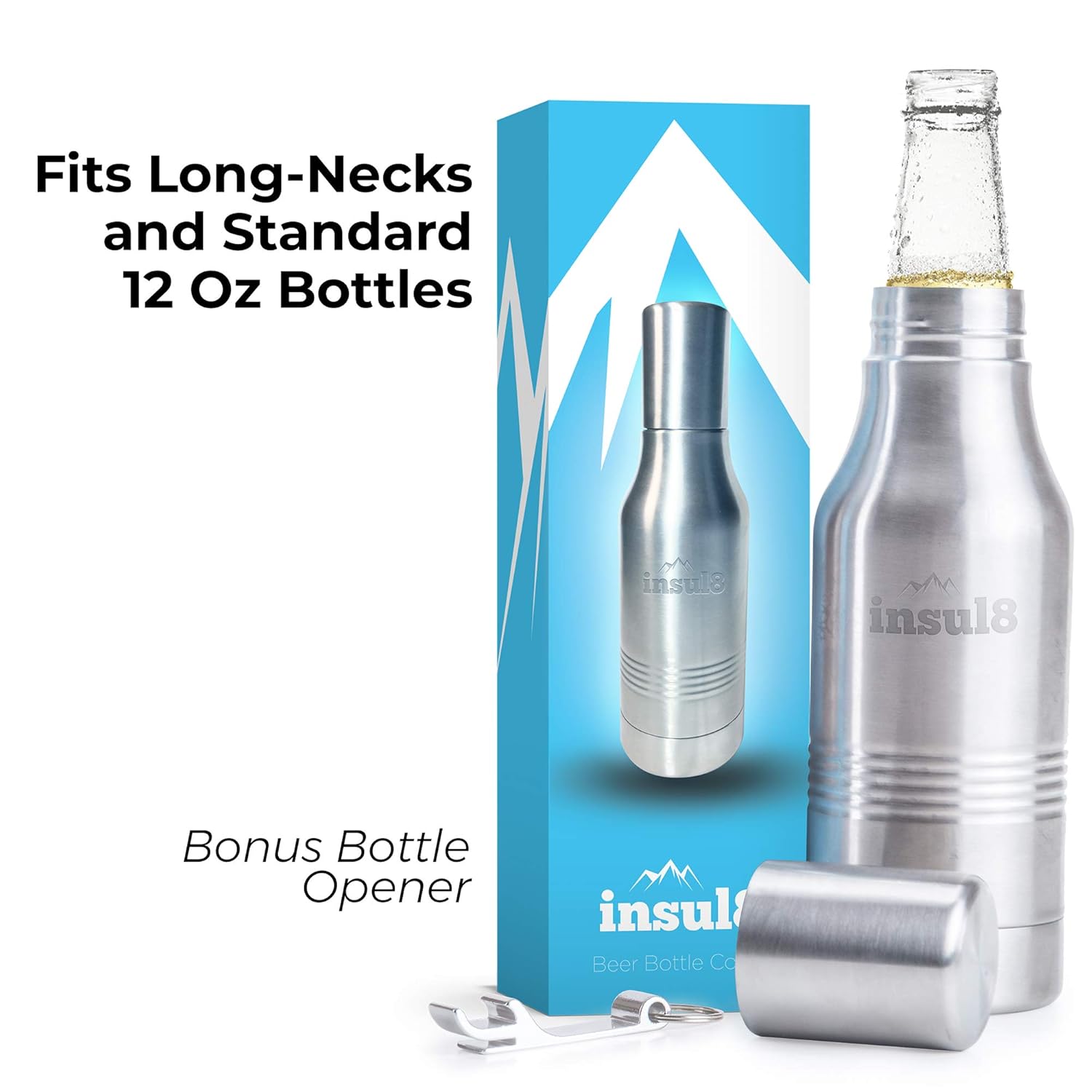 The Original Insul8 Beer Bottle Cooler | Double Wall Insulated Beer Bottle Holder Stainless Steel Fits 12 oz. Standard and Long-Neck Bottles | Bonus Bottle Opener Keyring and Gift Box