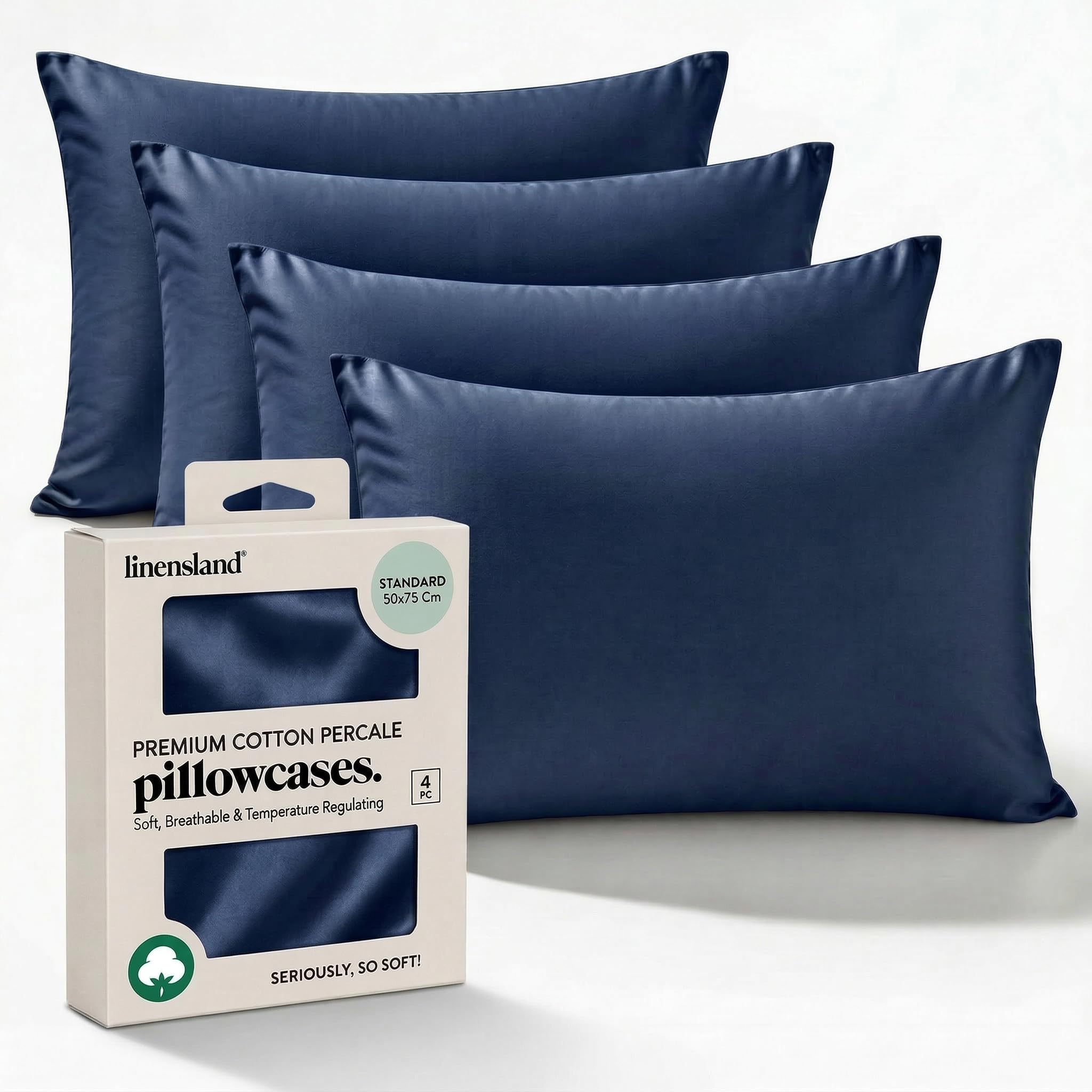 LINENSLAND Pillow cases 250 Thread Count Egyptian Cotton I Premium Hotel Quality Pillow Cases 4 Pack I Soft & Breathable Envelope Closure Design Housewife Pillowcases 50x 75 CM, Navy Blue (4)