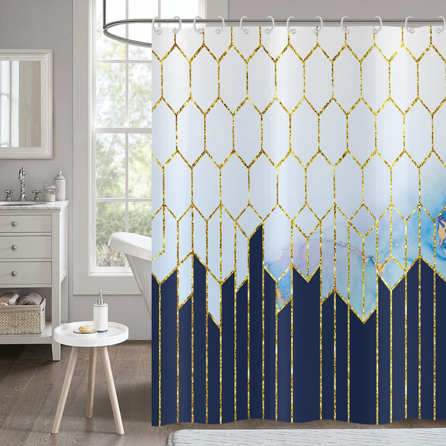 Blue and White Shower Curtain 180x180, Hnmdmyi Navy Blue Gold Marble Shower Curtains Abstract Modern Luxury Geometric Art Bathroom Curtains Waterproof Polyester Fabric Washable Bath Curtain with Hooks