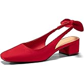 Coutgo Womens Chunky Low Heels Bow Slingback Pumps Closed Square Toe Wedding Party Dress Shoes