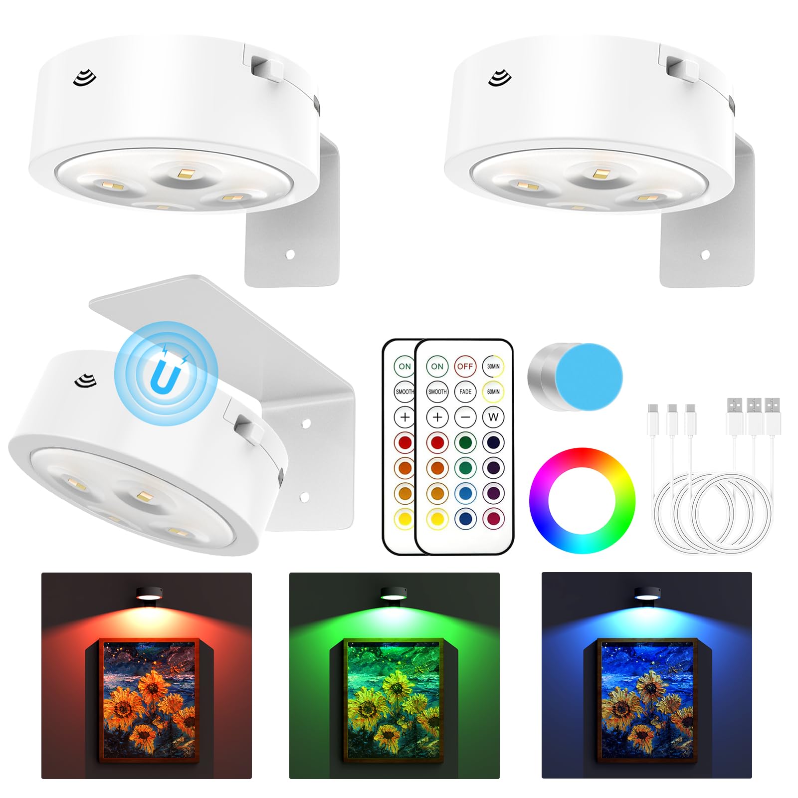 3 Pack Picture Lights for Wall, 13 RGB Color