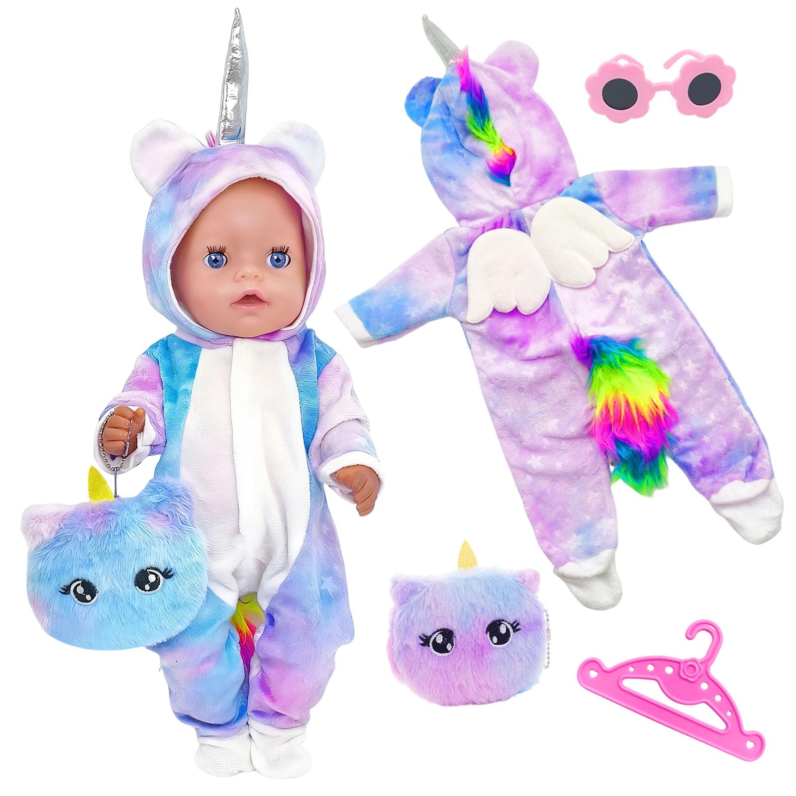 Atomvia Doll Clothes for 35-43 cm Dolls, 4-Piece Outfit Including Jumpsuit Coin Purse Sunglasses Hanger Baby Doll Clothes Accessories for 14-18 Inch Dolls (Doll Not Included)