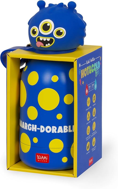 - Botella de agua para niños Hot&Cold BFF, Monster, doble capa de acero inoxidable 18/8 con cierre hermético, se mantiene caliente durante 12 h y fría durante 24 h, capacidad 310 ml