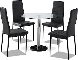 CRAVOG cristal negro juego de mesa de comedor y 4 sillas de piel