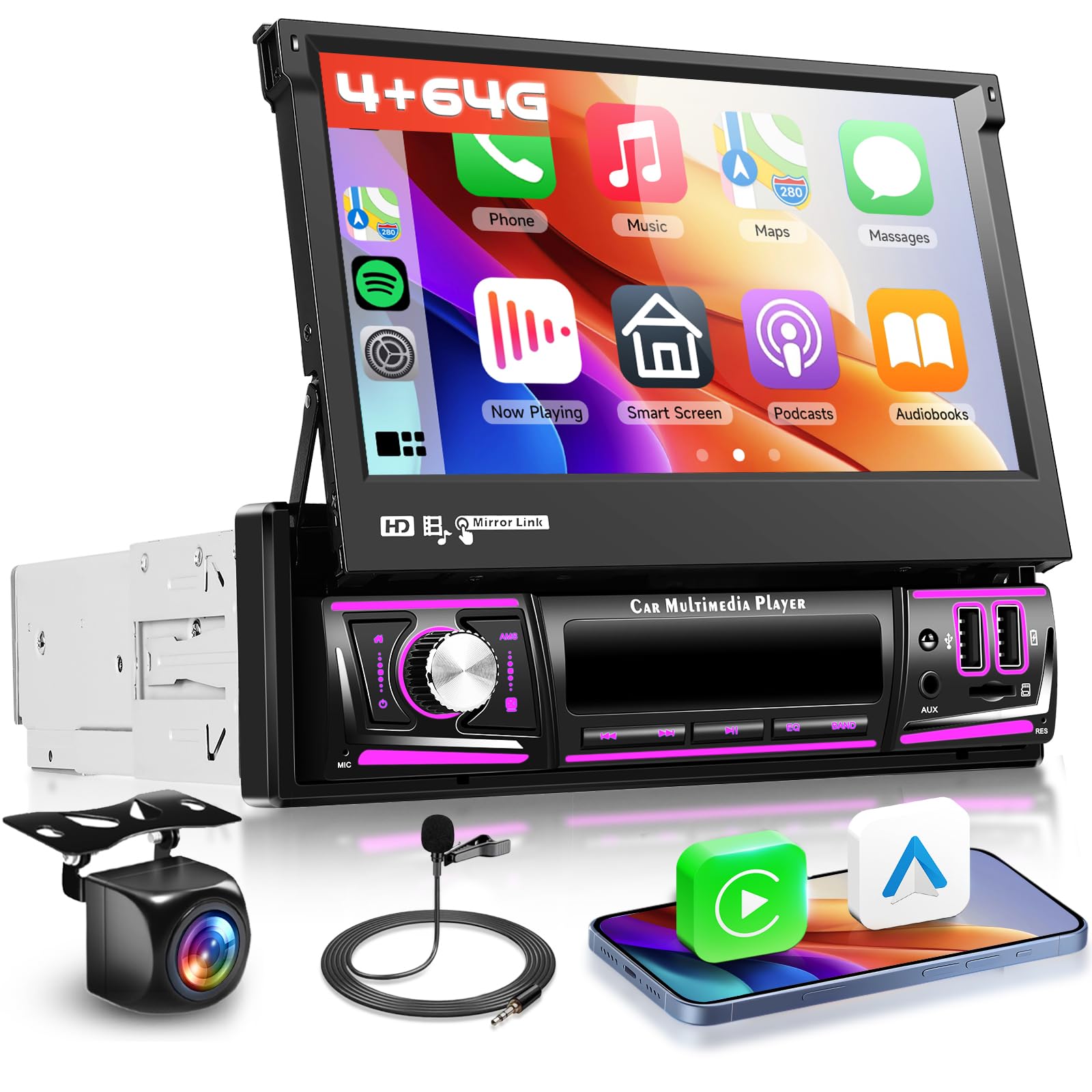 Photo 1 of [4G+64G] Single Din Android Car Stereo with Wireless Carplay & Android Auto, Hodozzy 7 Inch Flip Out Touchscreen GPS Navigation, Bluetooth 5.0, FM/RDS Radio,Reverse Camera, AUX & Dual USB Ports