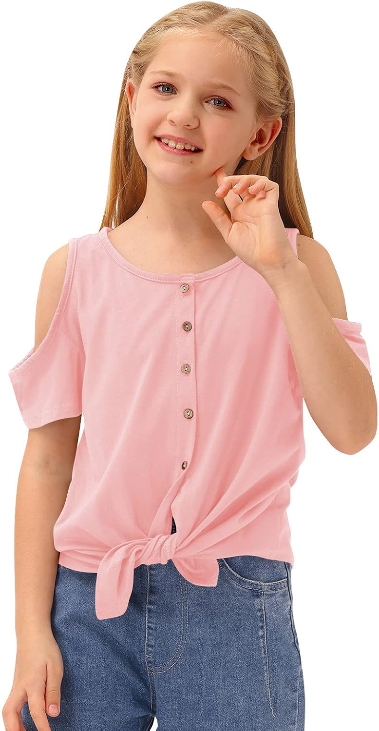 BesserBay Girl's Casual Solid Twist Knot Front Tunic Shirt Cold Shoulder Top 3-12 Years: Clothing