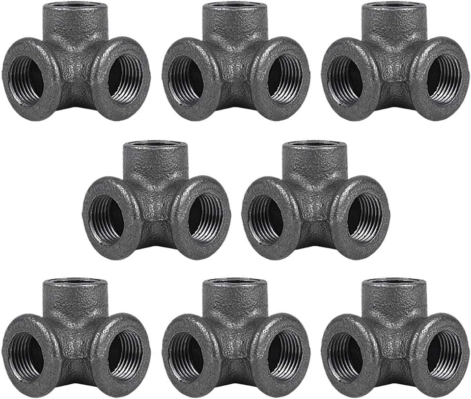 GOOVI 1/2 Inch 3 Way Corner Pipe Fitting, Side Outlet Elbow Industrial Cast Iron Pipe Fitting, for Building Tables, Chairs, Shelving, and DIY Furniture, 8 Pack.