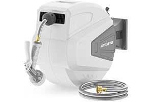 Ayleid Retractable Garden Hose Reel,1/2 in x 100 ft Wall Mounted Hose Reel, with 9- Function Sprayer Nozzle, Any Length Lock/Slow Return System/Wall Mounted/180°Swivel Bracket (Grey)