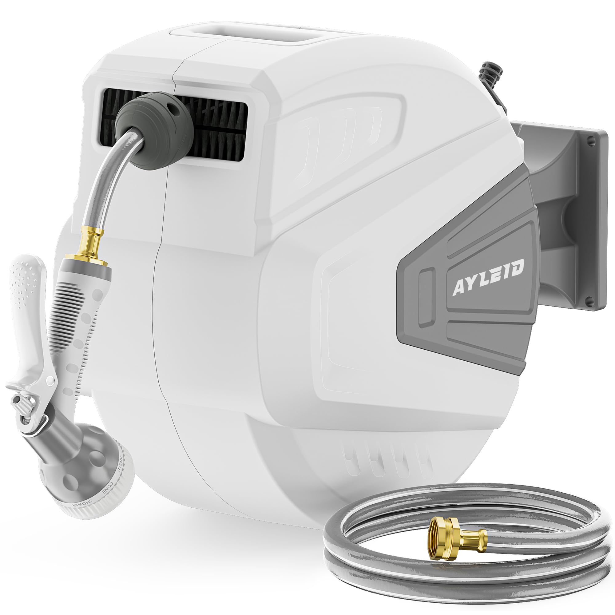 Photo 1 of Ayleid Retractable Garden Hose Reel,1/2 in x 100 ft Wall Mounted Hose Reel, with 9- Function Sprayer Nozzle, Any Length Lock/Slow Return System/Wall Mounted/180°Swivel Bracket (Grey)