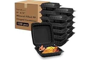 KARAT EARTH Clamshell Take Out Food Containers [9"x9" - 120 ct] To Go Containers | 3 Compartment, Soak-Resistant, Durable, Stackable | Vented for Hot/Cold Foods, Black