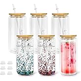 20oz Acrylic Snow Globe Cup, 6pack Plastic Snowglobe Tumbler with Bamboo Lids and Straws, Unbreakable Plastic Drink Jars with Plugs, Pre Drilled Double Wall Acrylic Ice Tea Cups,Mason Cup for Glitter