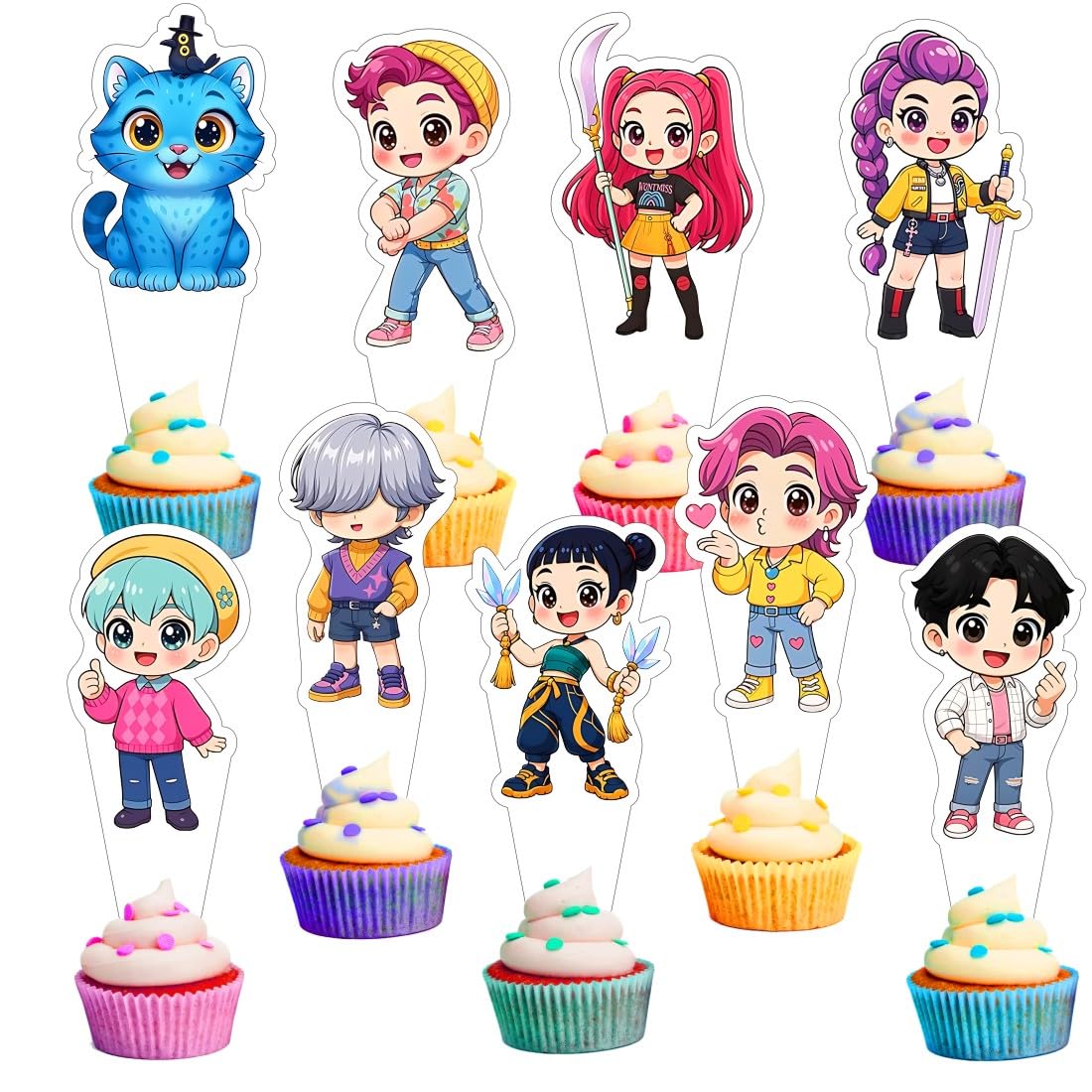 27pcs Demon Hunters Cake Decorations with 30pcs Cupcake Toppers Party Supplies for Kpop Themed Birthday Decorations