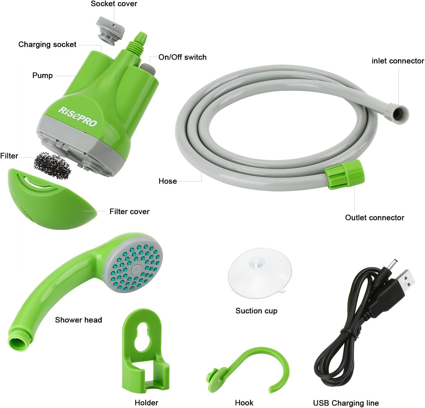 RISEPRO Portable Camping Shower, Outdoor Shower Head, Shower Pump, Rechargeable Battery, USB Charging Line, Pumps Water from Bucket, for Hiking, Pet Cleaning, Pet Shower, Car Washing : Sports & Outdoors
