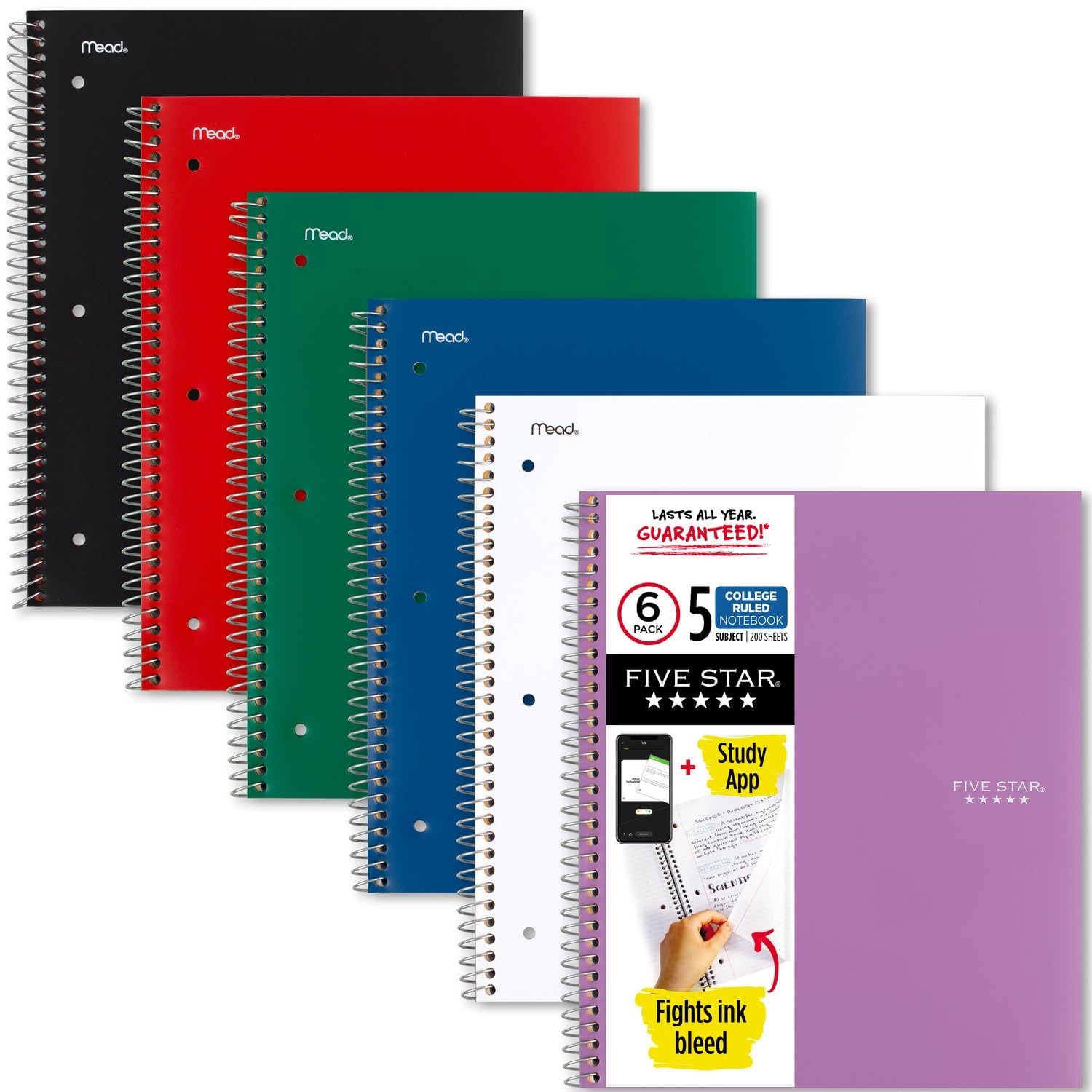 Five Star Spiral Notebook + Study App, 6 Pack, 5