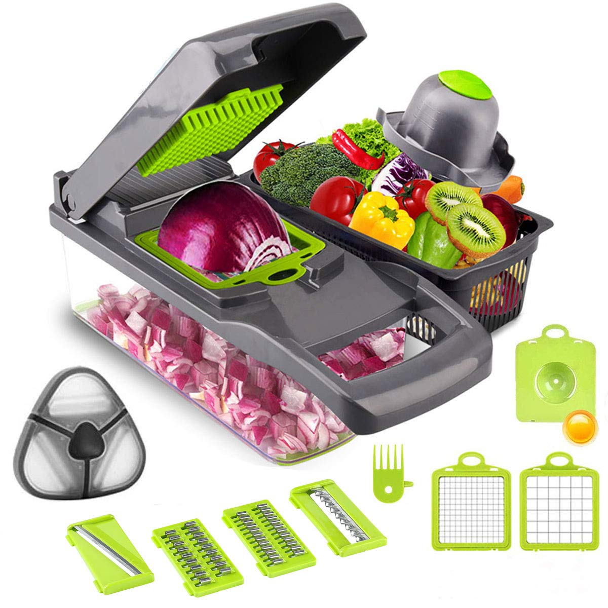 Mandolin Vegetable Slicer Stainless Steel Blade 13 in 1 - Multifunctional Vegetable Cutter Adjustable Kitchen Slicer Vegetable Spaghetti Carrot and Grater Cutter Zucchini Spaghetti Maker Grey