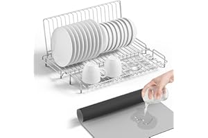 Chilinii Dish Drying Rack Stainless Steel Collapsible Foldable Small Dish Rack Countertop Portable Drainer with Drying Mat fo