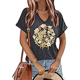 Women's Floral T-Shirts V-Neck Dandelion Sun Flower Graphic Casual Tee Boho Tops Cute Wildflowers Shirts