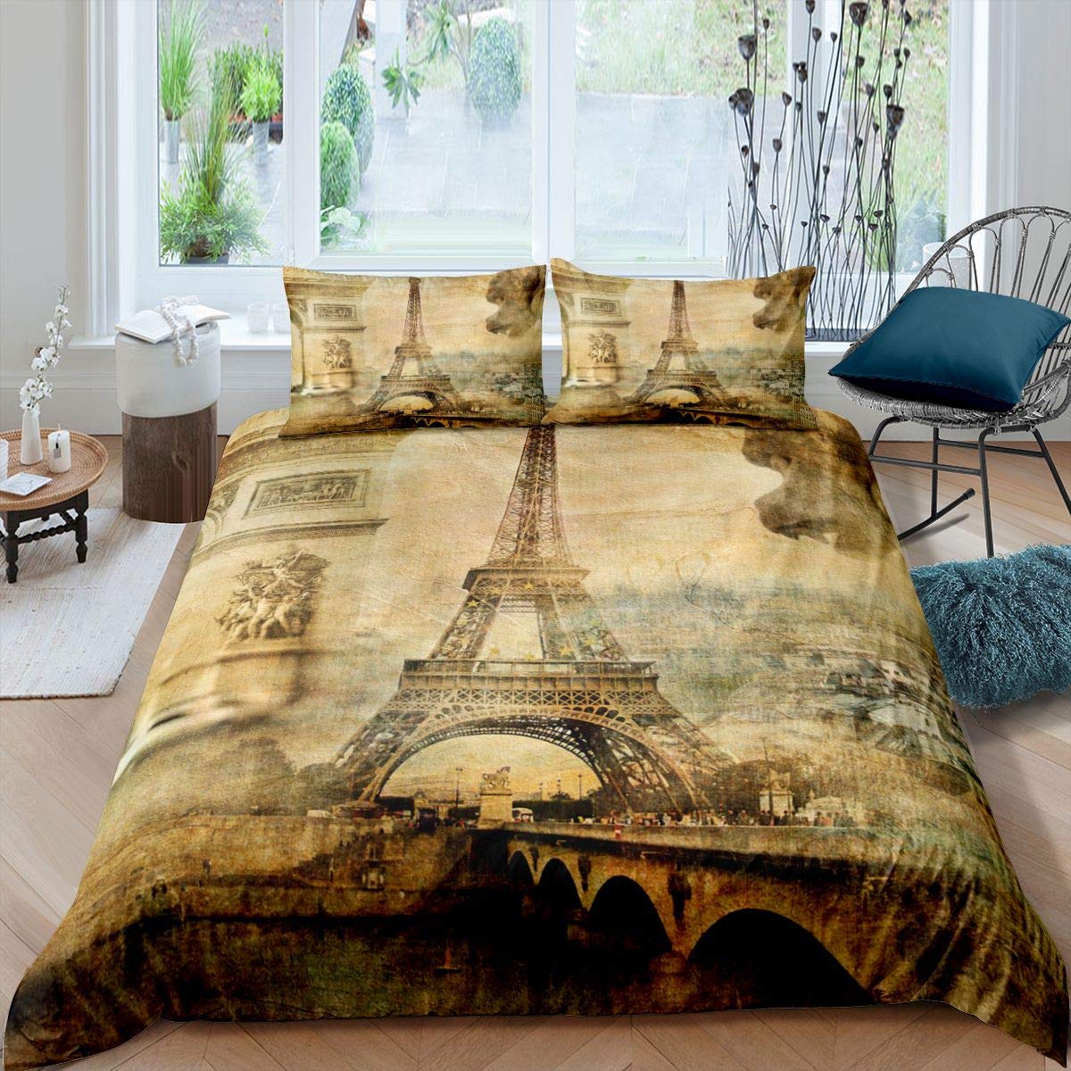 Homemissing Eiffel Tower Bedding Set for Girls Boys Paris Cityscape Comforter Cover Modern Paris French Style Duvet Cover Retro Vintage Style Bedding & Linen Double Bedding 3Pcs