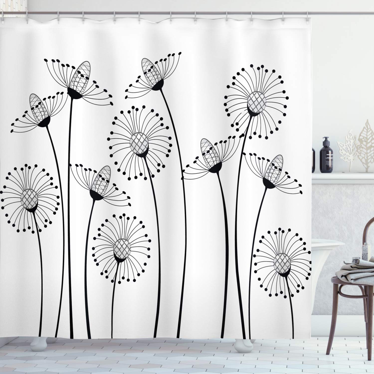 ABAKUHAUS Black and White Shower Curtain, Meadow Flowers with Abstract Dandelions in Countryside Artwork, Cloth Fabric Bathroom Decor Set with Hooks, 86 Inches Extra Long, Black White — image 1