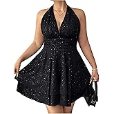 BEAUDRM Women's Plus Size Sparkly Halter Dress Shiny Layered Open Back Party Club Short Dresses