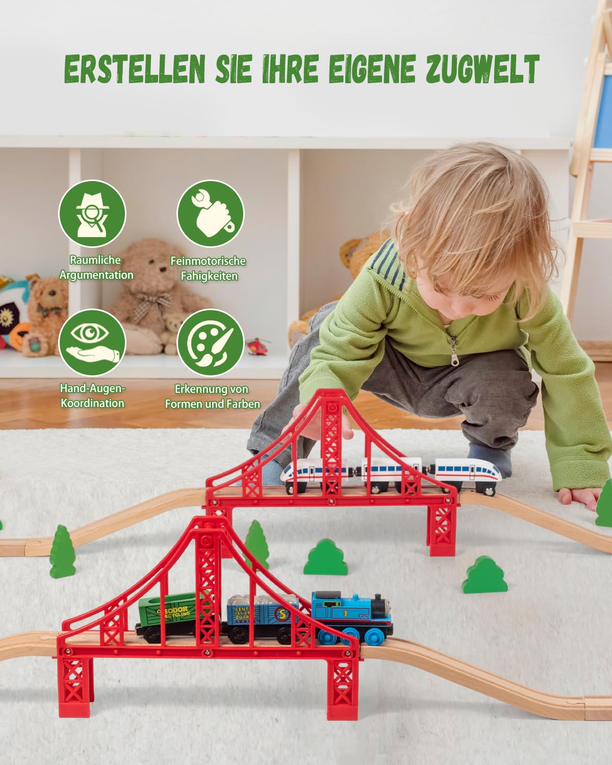 Holzeisenbahn zubehör Holz Eisenbahn brücke Doppel Hängebrücke Set Holz Eisenbahn Kinder Zug Spielzeug Holzeisenbahn für die Kleinen im Alter von 3 Frühlingen 5