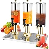1 Gallon Commercial Beverage Dispenser with Centre Ice Core and Stand Drip Trays Stainless Steel Cold Drink Dispenser for Parties Pub Cafeteria Restaurant Home Hotel (gold, three head)