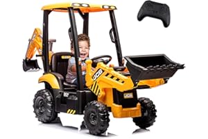 BTMWAY 12V JCB Ride On Excavator,Kids' Electric Vehicles with Remote Control,Various Accessories,Sand Digger and Backhoe Shovel Bucket,Ride On Toys for Kids 3-8,1.5-2.8Mph,Max Load 66lbs