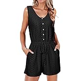 Glamaker Womens Sleeveless Summer Romper - Casual Button Drawstring Beach Romper Eyelet Short Jumpsuit Vacation Outfits