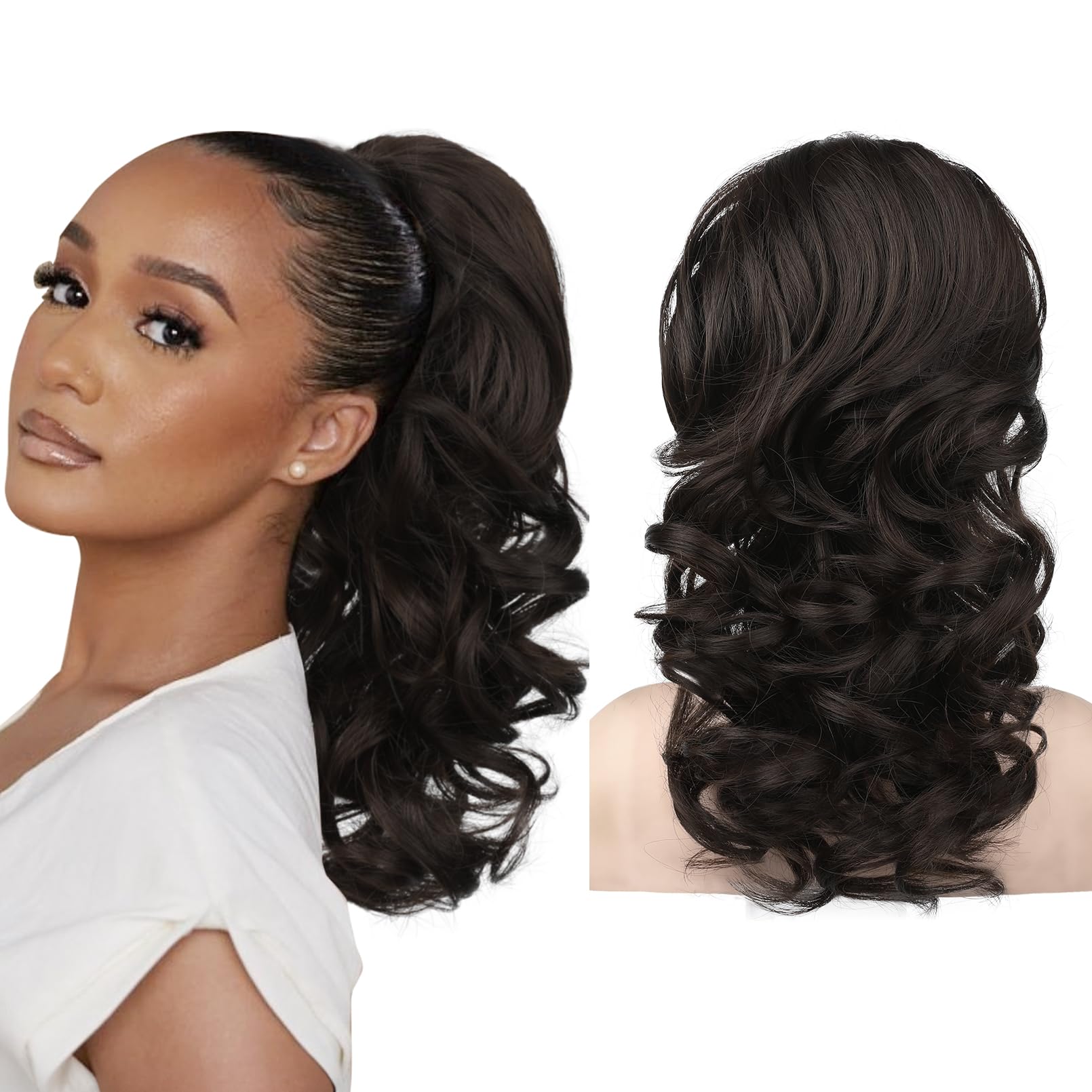 Photo 1 of SEIKEA Ponytail Extension, 18" Long Wavy Curly Drawstring Ponytail Multi-layered Fluffy Thick Clip in Hair Extensions Natural Soft Synthetic Hairpiece Black Brown