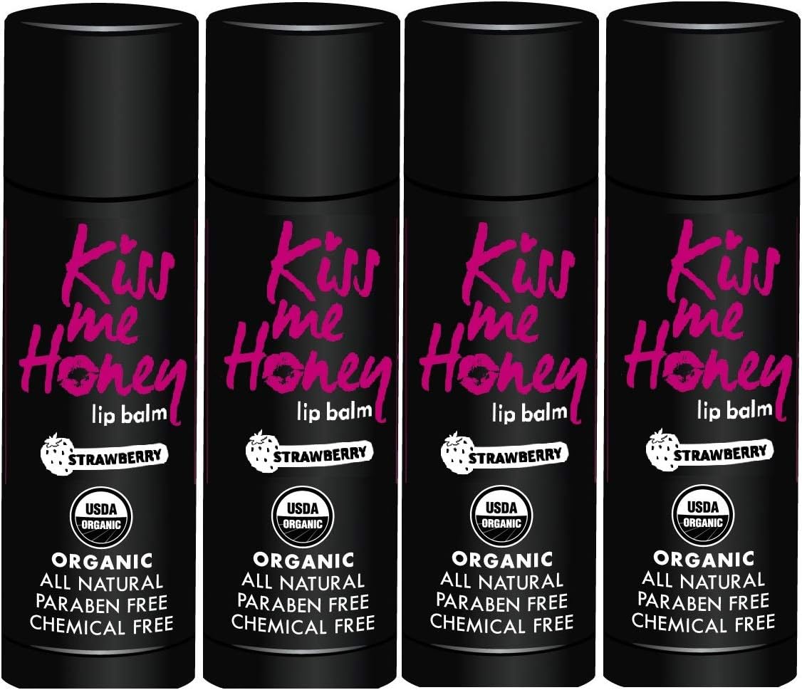 Kiss Me Honey USDA Organic Beeswax Lip Balm Bulk with Shea Butter, Coconut Oil, and Vitamin E | Cruelty Free – Strawberry 4 Pack
