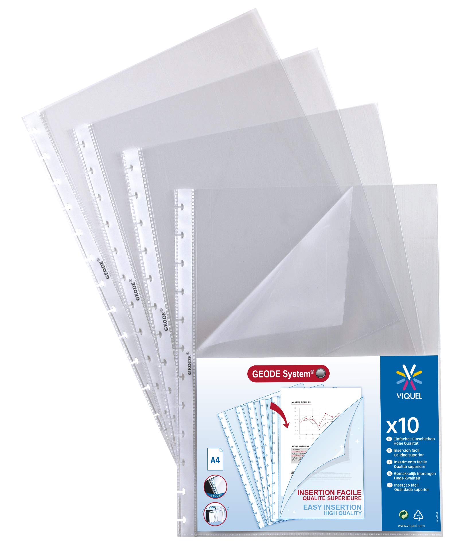 Viquel - Removable A4 Plastic Pockets for Geode Display Cases - Special Perforated Pockets for Geode Portfolio in high Quality and Smooth - Reinforced Edge - Transparent