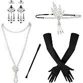 SAVITA 5pcs 1920s Flapper Accessories 20s Gatsby Costume Accessories Set for Women Headband Earrings Pearl Necklace Gloves Holder Silver
