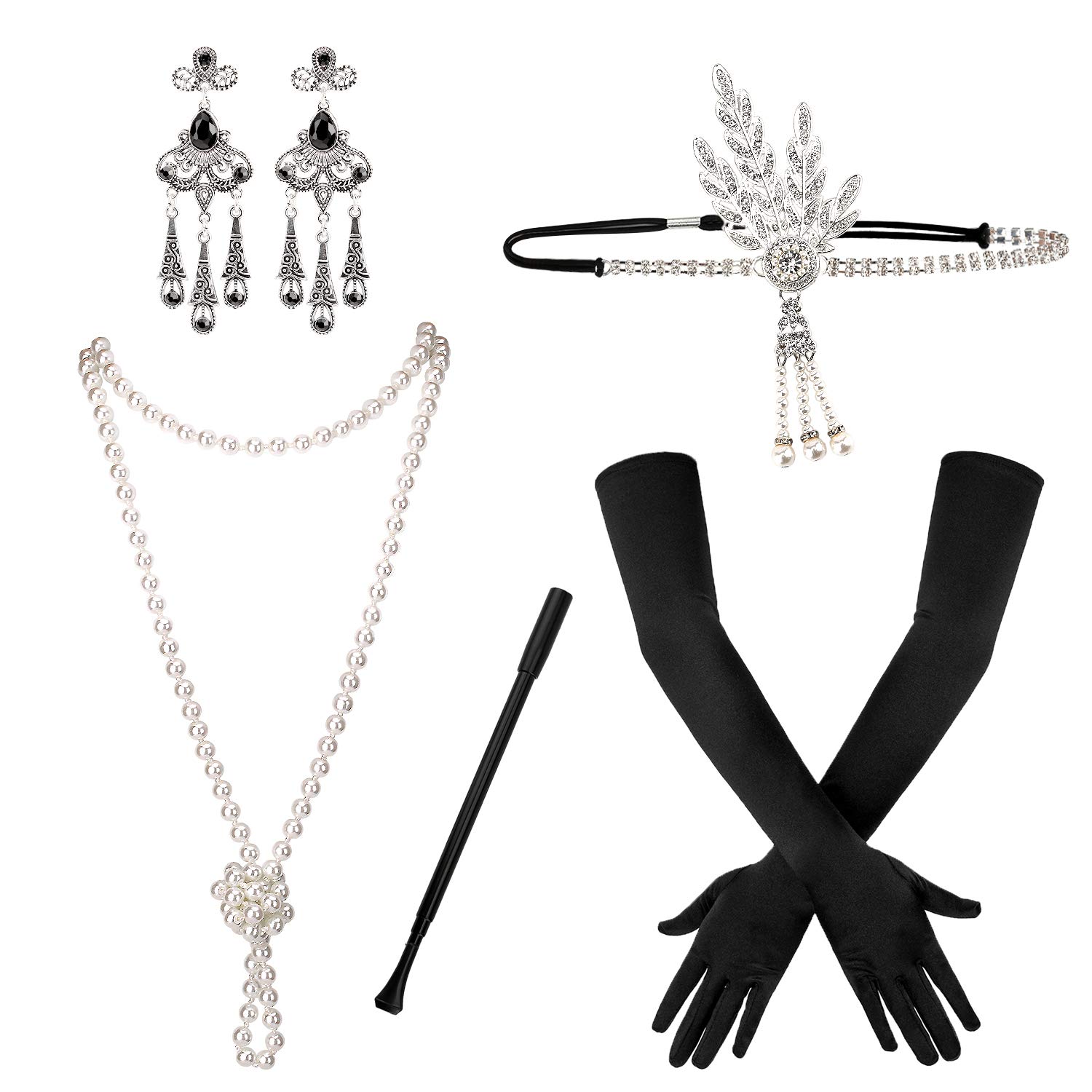 SAVITA 5pcs 1920s Flapper Accessories 20s Gatsby Costume Accessories Set for Women Headband Earrings Pearl Necklace Gloves Cigarette Holder