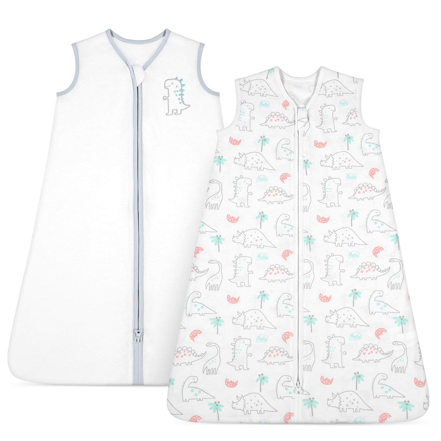TILLYOU Medium M Breathable Cotton Baby Wearable Blanket with 2-Way Zipper, Super Soft Lightweight 2-Pack Sleeveless Sleep Bag Sack Clothes for Boys, Fits Babies Age 6-12 Months, Woodland Dinosaurs: Baby