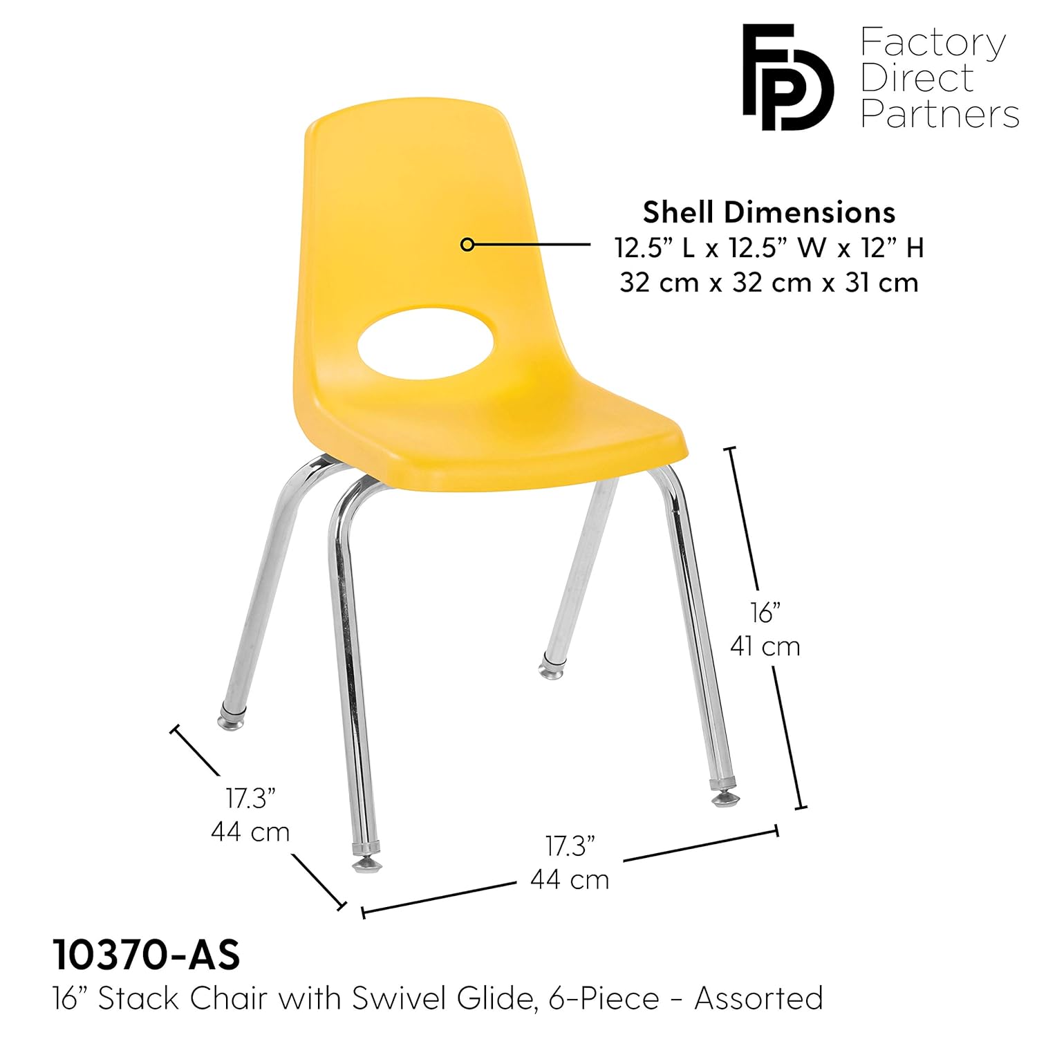 Factory Direct Partners-10370 16" School Stack Chair, Stacking Student Seat with Chromed Steel Legs and Nylon Swivel Glides; for in-Home Learning or Classroom - Assorted Colors (6-Pack): Industrial & Scientific