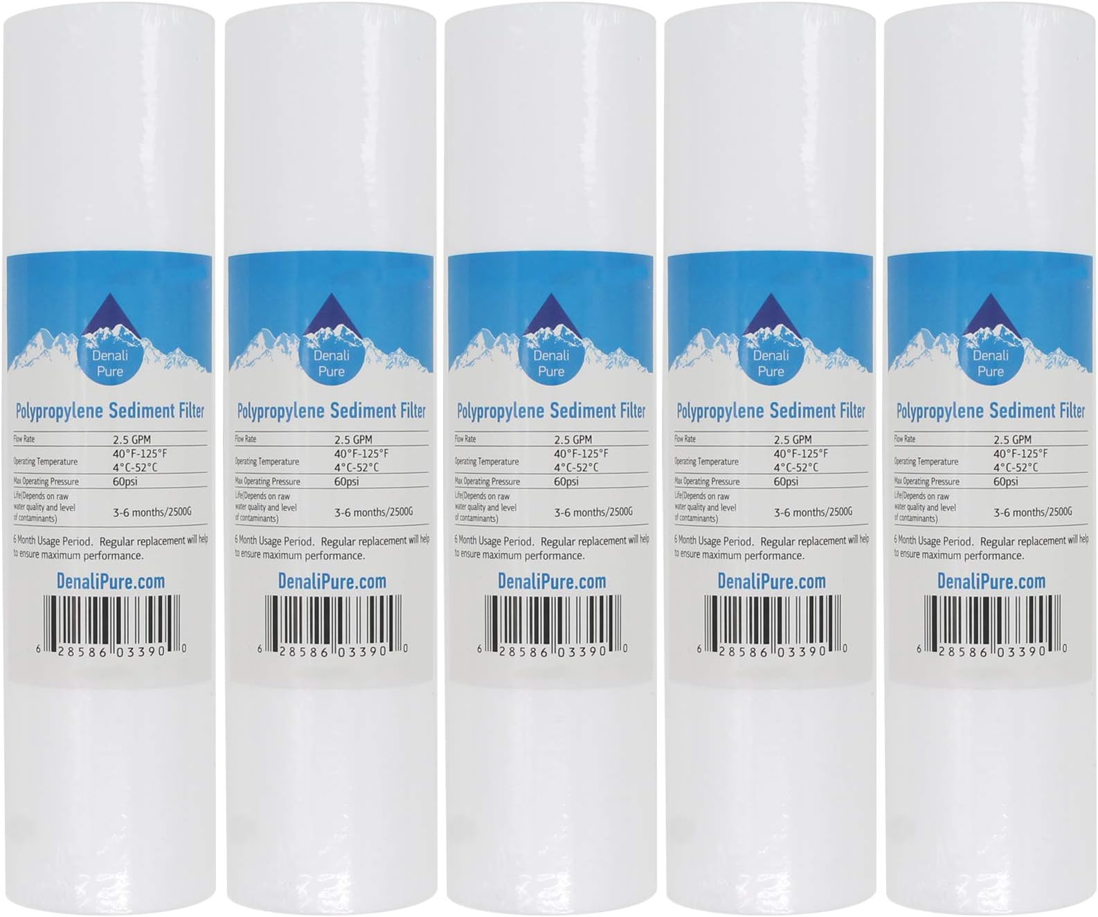 Denali Pure 5-Pack Replacement for Woder UDF 2-Stage Polypropylene Sediment Filter - Universal 10-inch 5-Micron Cartridge for Woder UDF 2-stage Undercounter Fluoride Water Filtration System Brand
