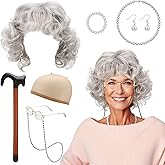 HEQU 9 Pcs Old Lady Costume Set Grandma Granny Wig Cosplay Set Old Lady Cosplay Pearl Necklace Grey Wigs for Women