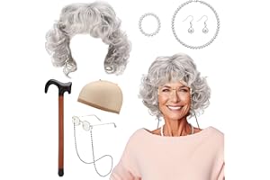 HEQU 9 Pcs Old Lady Costume Set Grandma Granny Wig Cosplay Set Old Lady Cosplay Pearl Necklace Grey Wigs for Women
