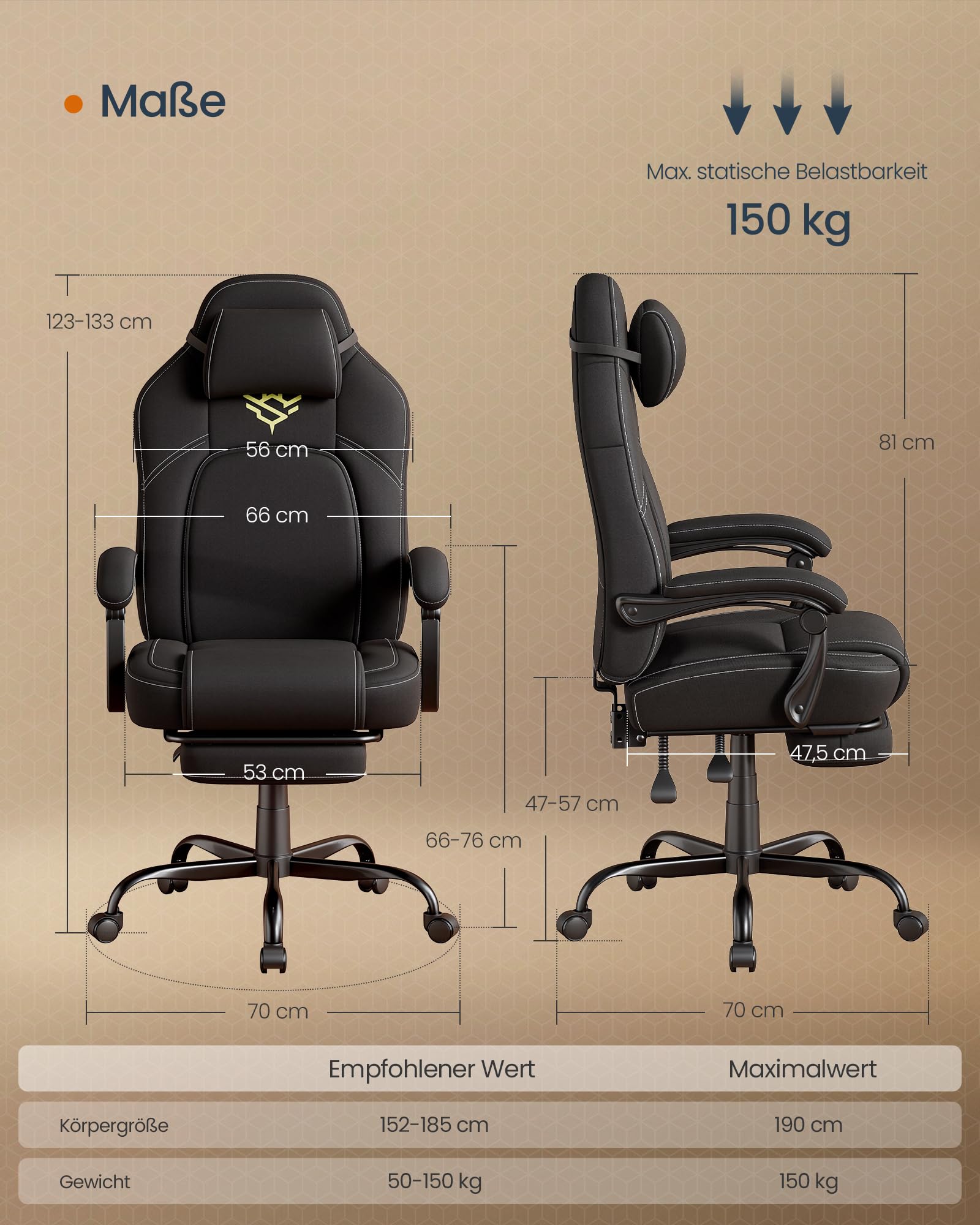 SONGMICS HOME Gaming-Stuhl, ergonomischer Computerstuhl mit Fußstütze, Bürostuhl, Drehstuhl mit Kopfkissen, Baumwoll-Leinen-Mischgewebe, höhenverstellbar, tintenschwarz OBG072BH03 7