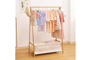 Cozivolife Kids Clothing Rack with Storage Box, Dress up Holder, Child Garment Stand with Hanging Rods, Small and Foldable, Bamboo (Natural)