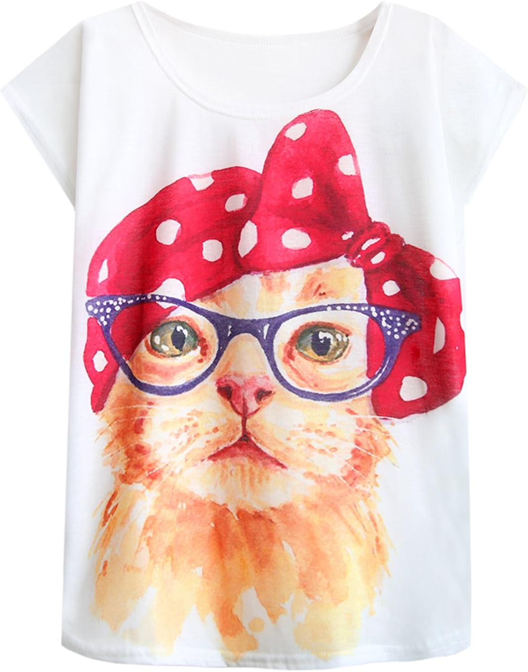 FUTURINO Women's Cute Cat Graphic Abstract Paint Splatter Casual Short Sleeve T-Shirt Tops