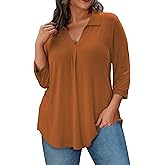 REDHOTYPE Women's Plus Size Tops 3/4 Sleeve Shirts Collared V Neck Tunics Blouses Business Casual Blouses for Women,Caramel,2X