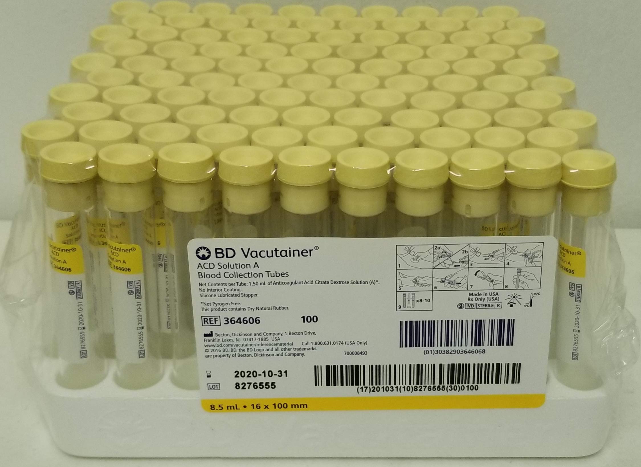BD VACUTAINER 364606 ACD Solution A 8.5mL Glass PRP 10 Tubes 364606