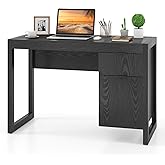 Tangkula Computer Desk with Storage Cabinet & Drawer, White Wooden Home Office Desk, PC Laptop Workstation Study Writing Desk