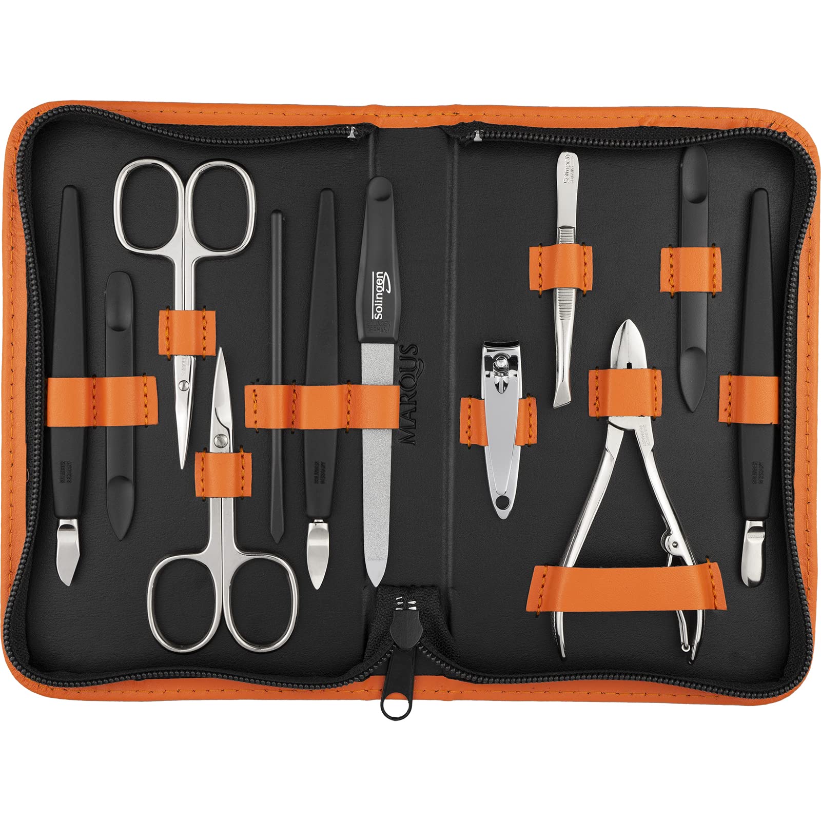 Solingen Manicure Set for Women and Men - 12-Piece Professional Pedicure Kit - Presented in a Genuine Leather Case - Perfect for Travel, as a Gift, or for Home Use, Orange