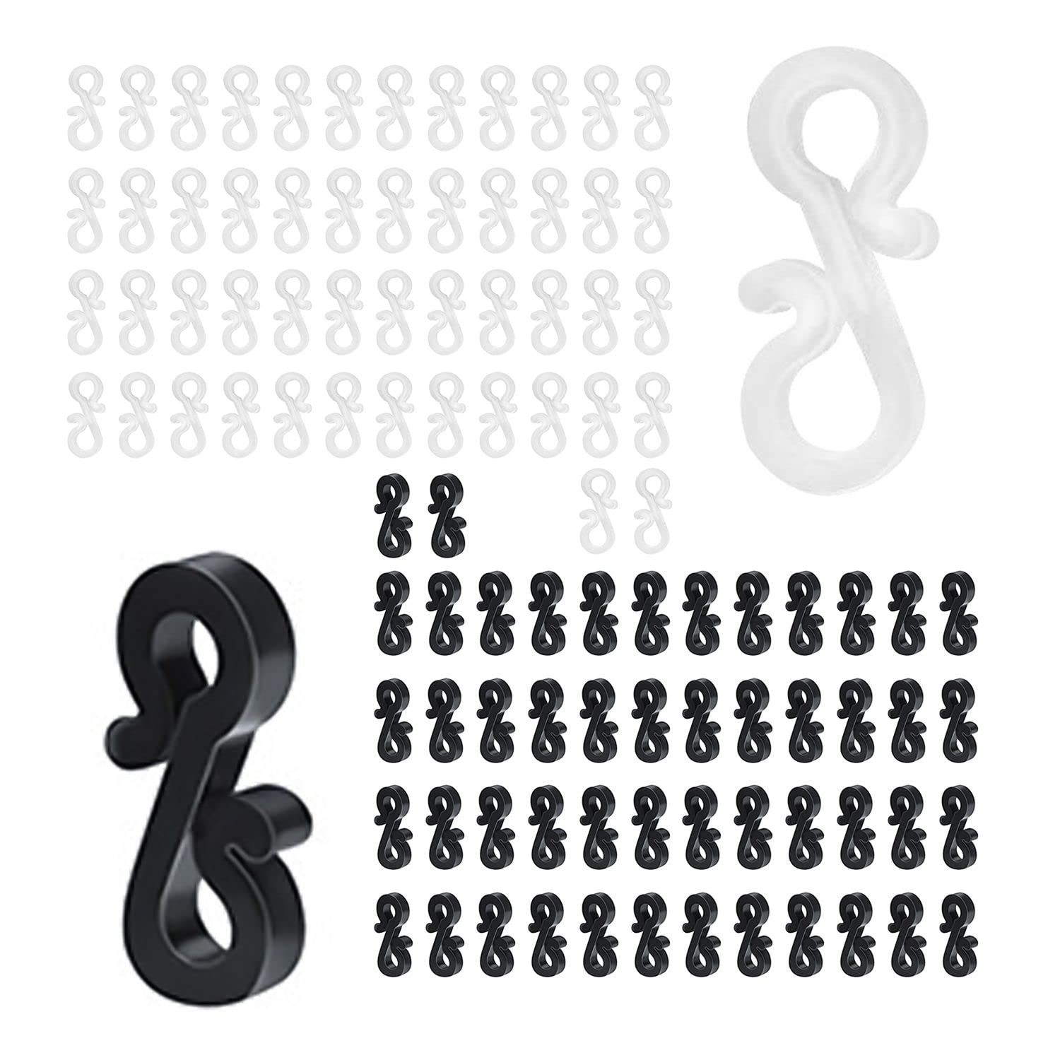 100Pcs Mini Plastic Gutter Hooks, Black White, S Clip Hooks, Outdoor Lights Hooks for on Wedding Christmas Halloween Garden Tree Home Decoration