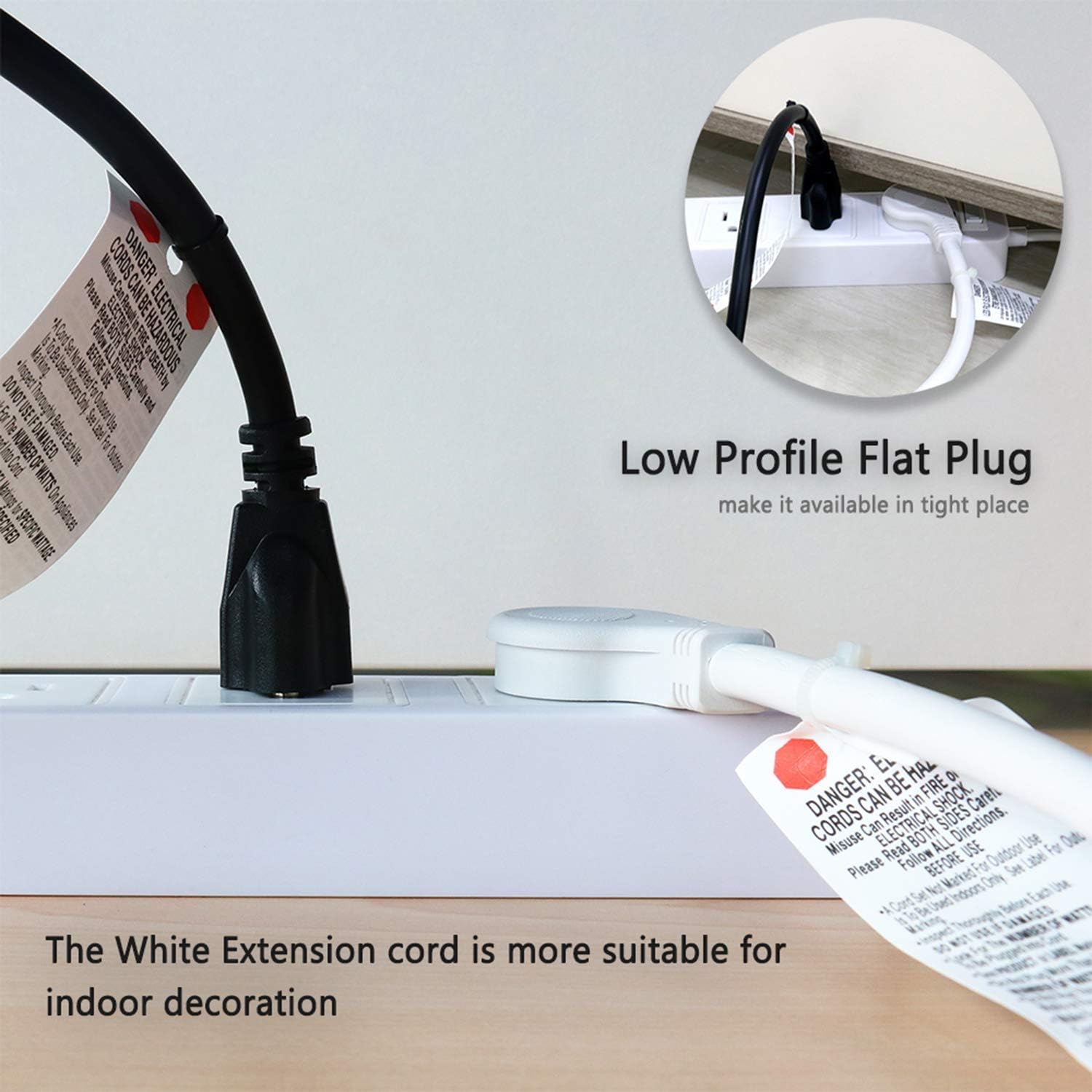 FIRMERST 10 Feet 1875W Extension Cord Heavy Duty Low Profile White 15A UL Listed - - 